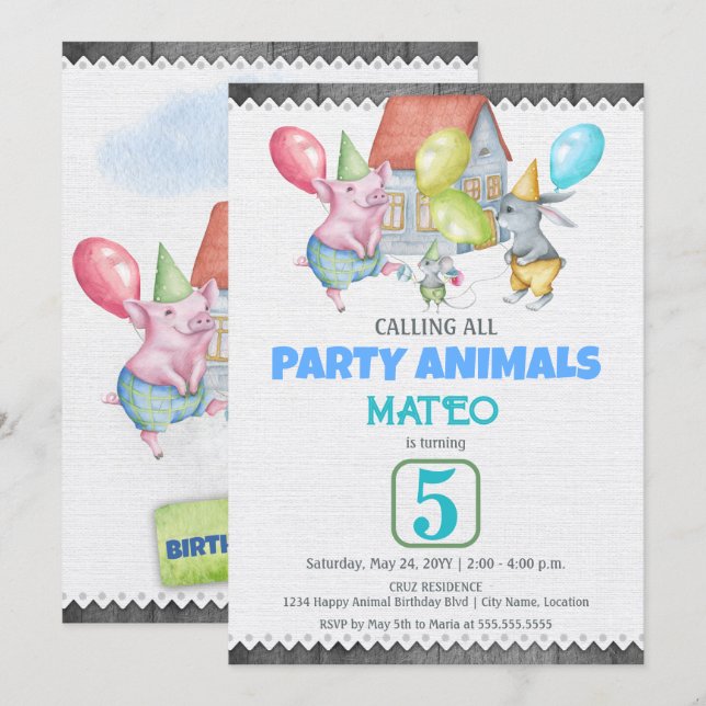 Fun Colourful Party Animals Birthday Invitation (Front/Back)