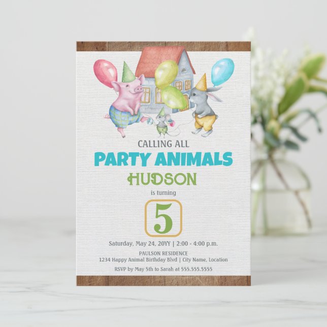 Fun Colourful Party Animals Boy Birthday Invitation (Standing Front)