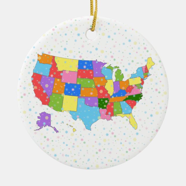 Fun Colourful Pastel Snowflakes and Map of the USA Ceramic Ornament (Front)