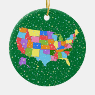 Fun Colourful Pastel Snowflakes and Map of the USA Ceramic Ornament