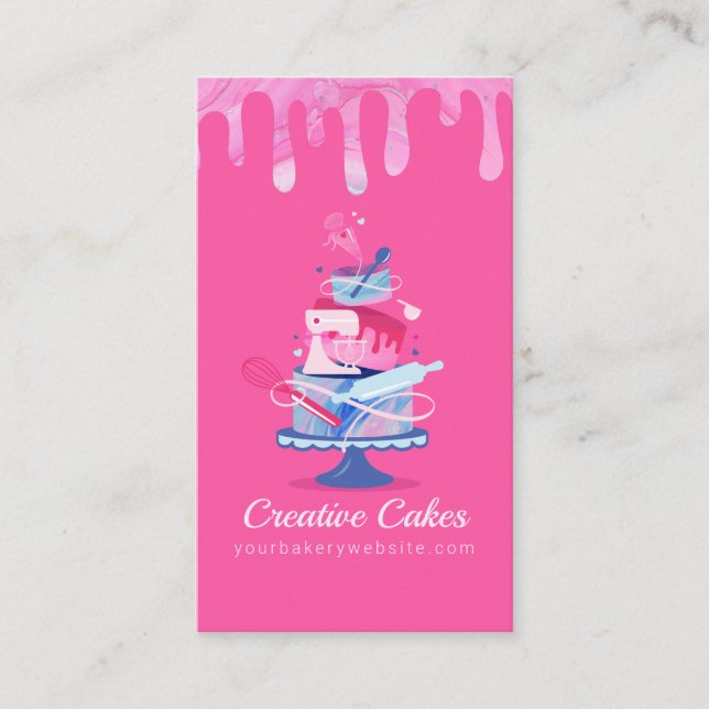 Fun Colourful Pastry Cakes Bakery & Tools Pink Dri Business Card (Front)