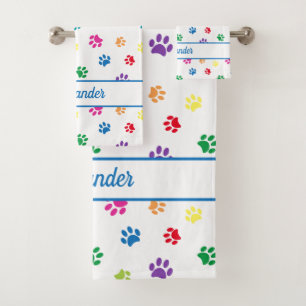Fun Colourful Paw Prints Personalized Bath Towel Set