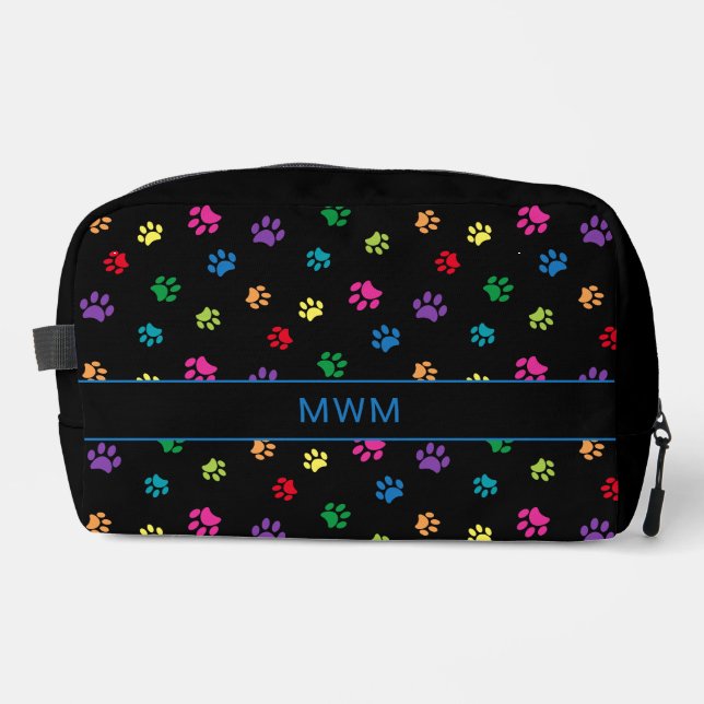 Fun Colourful Paw Prints Personalized Black Dopp Kit (Front)