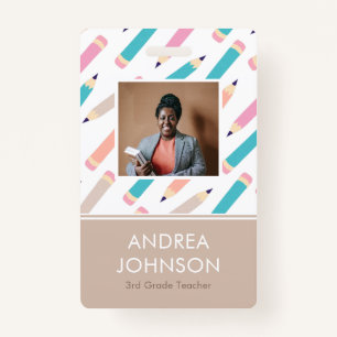 Fun Colourful Pencil Pattern Primary Teacher Photo Badge