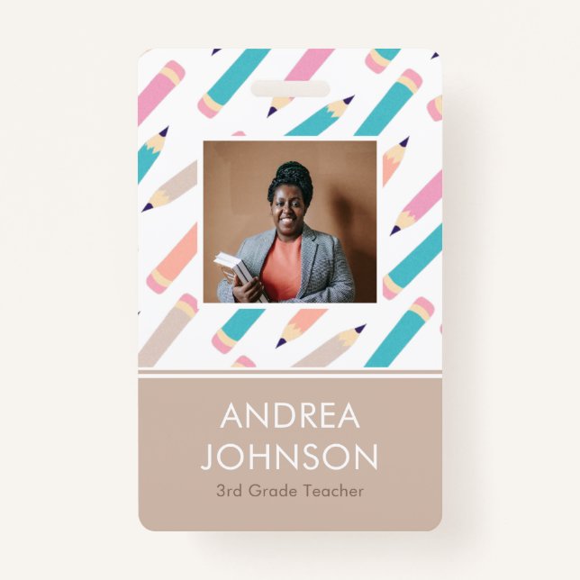 Fun Colourful Pencil Pattern Primary Teacher Photo Badge (Front)