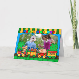 fun colourful photo birthday card with toy train
