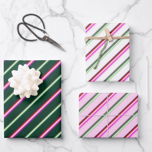 Fun Colourful Pink & Green Neon Stripe Candy Cane Wrapping Paper Sheet (Front)