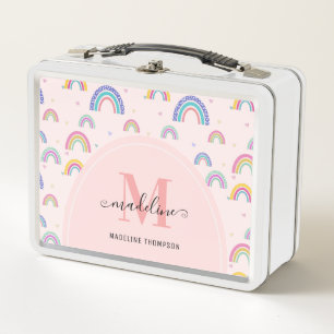Fun Colourful Pink Rainbow Girly Monogram Metal Lunch Box