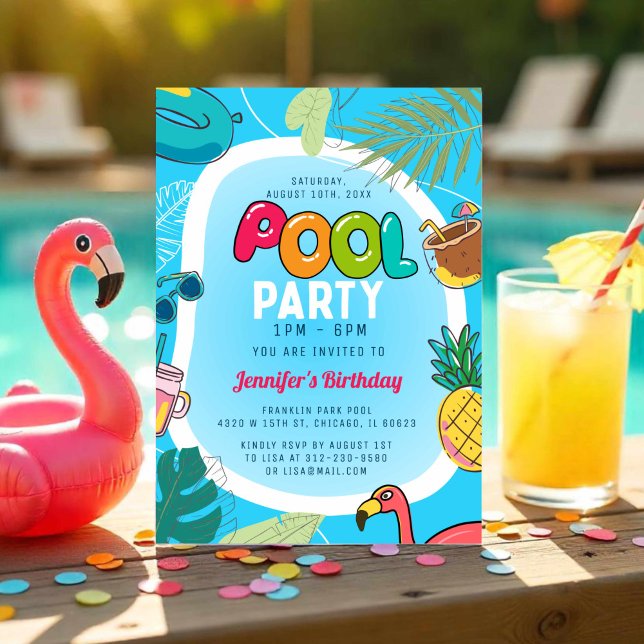 Fun & Colourful Pool Party | Palm Swimming Birthda Invitation (Creator Uploaded)