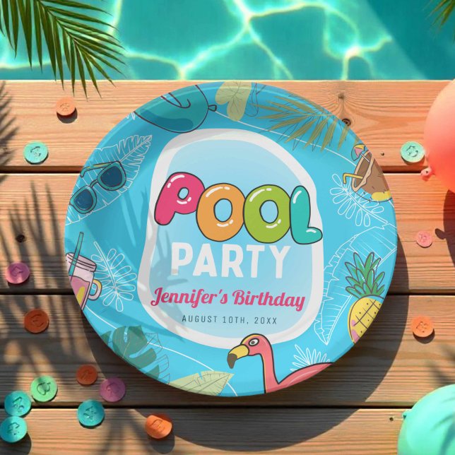 Fun & Colourful Pool Party | Palm Swimming Birthda Paper Plate (Creator Uploaded)