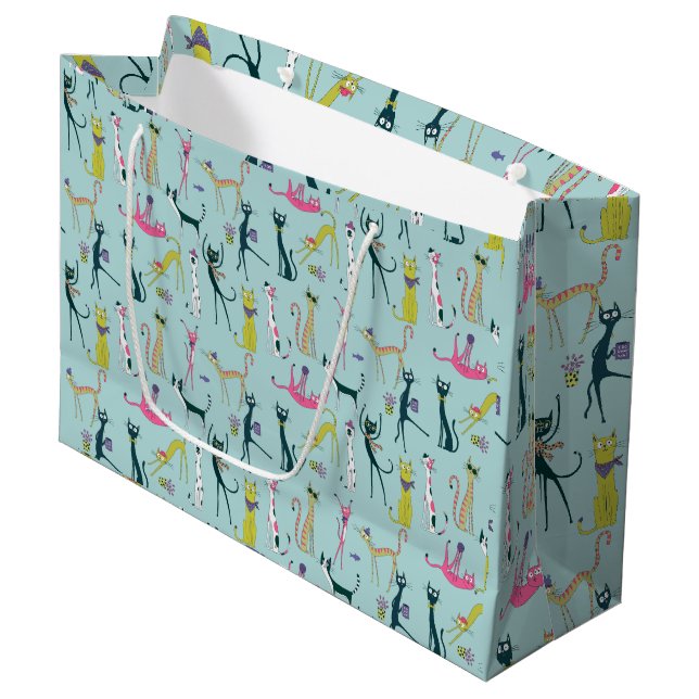 Fun Colourful Quirky Cats Pattern Large Gift Bag (Front Angled)