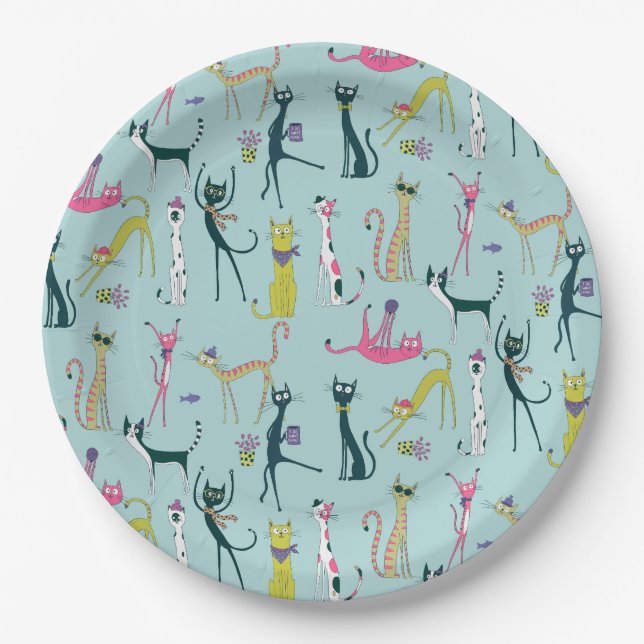 Fun Colourful Quirky Cats Pattern Paper Plate (Front)