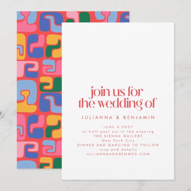Fun Colourful Red Retro Abstract Shapes Art Weddin Invitation (Front/Back)