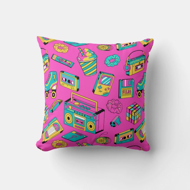 Fun Colourful Retro 80s 90s Tech Bright Neon Pink  Throw Pillow (Front)