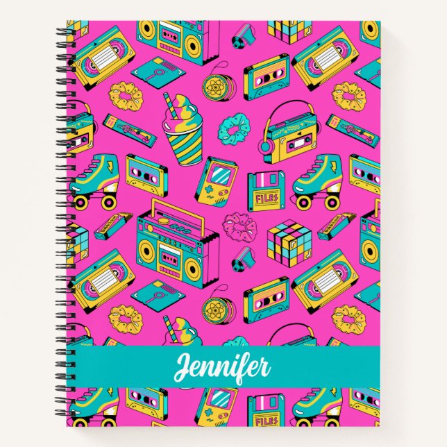 Fun Colourful Retro 80s Music Player Neon Pink Nam Notebook (Front)