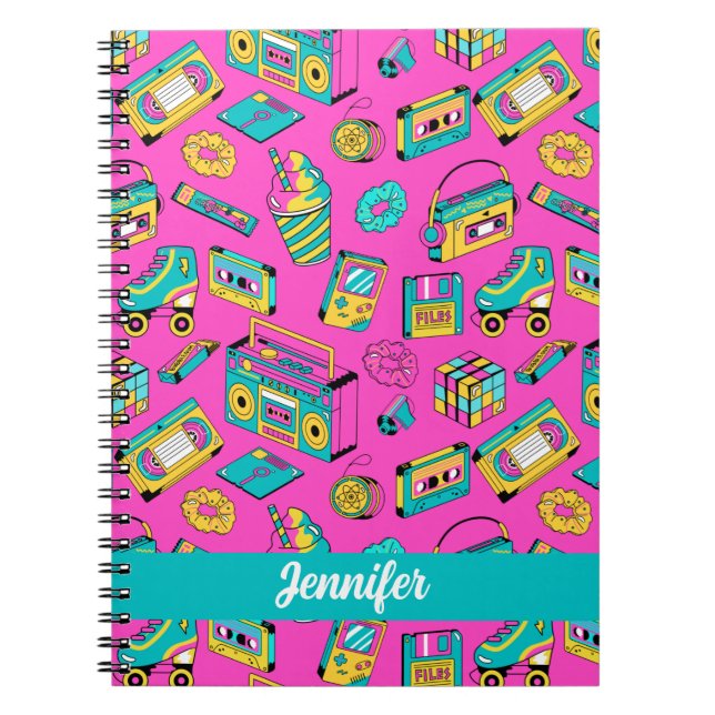 Fun Colourful Retro 80s Tech Players Neon Pink Nam Notebook (Front)
