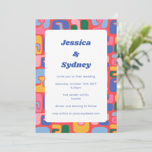 Fun Colourful Retro Abstract Art Red Blue Wedding Invitation (Standing Front)