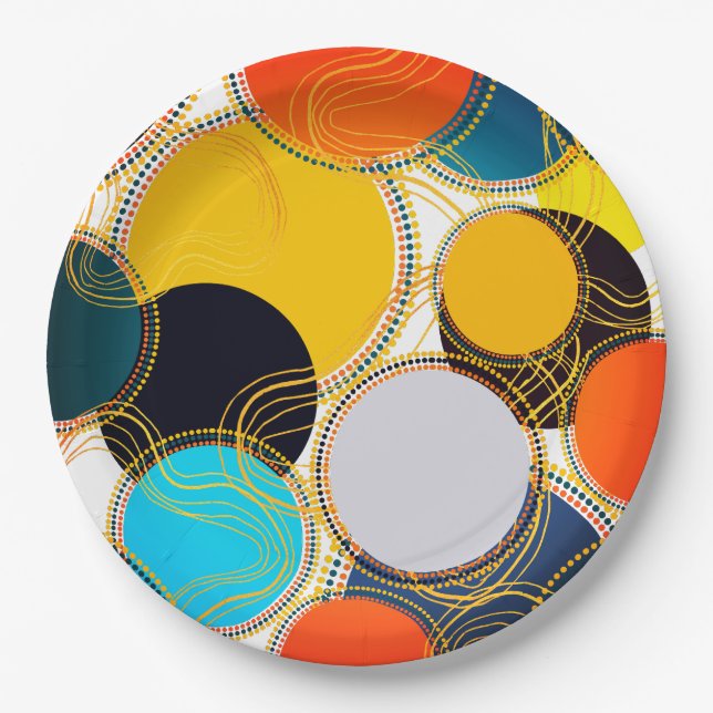 Fun Colourful Retro Abstract Gold Freeform Party Paper Plate (Front)