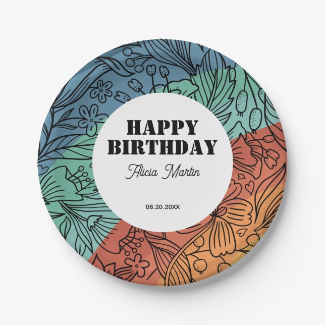 Fun Colourful Retro Groovy Rainbow Floral Birthday Paper Plate (Front)