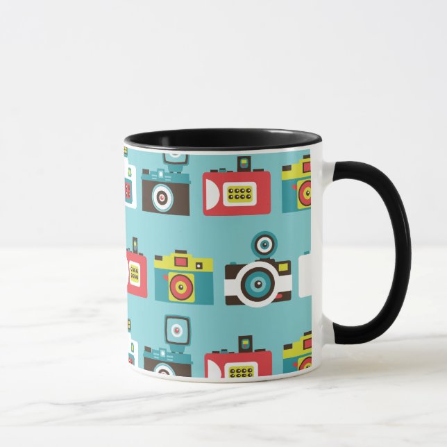 Fun Colourful Retro Lomo Cameras Pattern (Blue) Mug (Right)