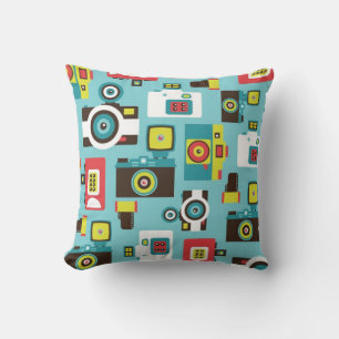 Fun Colourful Retro Lomo Cameras Pattern (Blue) Throw Pillow