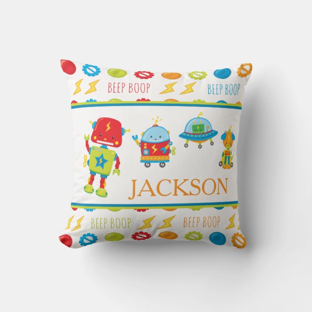 Fun Colourful Robot Beep Boop Pattern Kid Throw Pillow (Front)