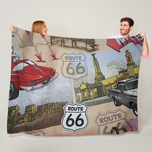 Fun Colourful Route 66 Collage Pattern Fleece Blanket (In Situ)
