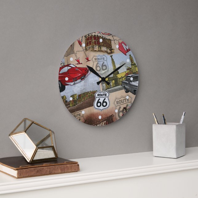Fun Colourful Route 66 Collage Pattern Large Clock (Office)