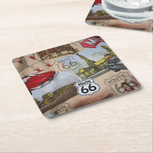 Fun Colourful Route 66 Collage Pattern Square Paper Coaster