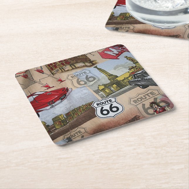 Fun Colourful Route 66 Collage Pattern Square Paper Coaster (Angled)