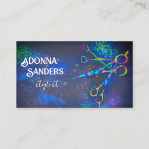 fun colourful scissors art on dark blue custom business card