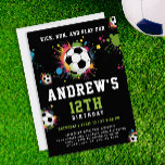 Fun Colourful Soccer Birthday Party Black Sport Invitation<br><div class="desc">Join us for a vibrant soccer-themed birthday bash! Celebrate amidst colourful soccer balls and paint splatters against a sleek black backdrop, with a lively green reverse side. This playful invitation promises joy for kids, teens, and adults alike. Customize the details and make it your own, from the text to the...</div>