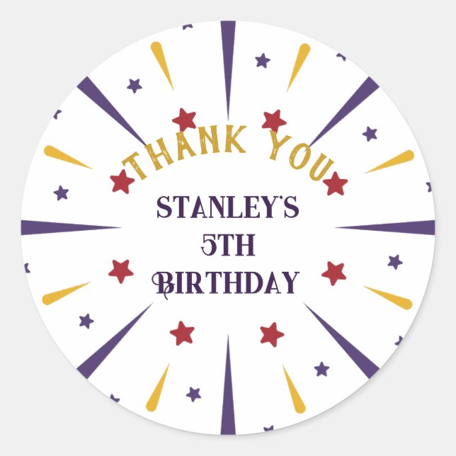 Fun Colourful Star Birthday Party Thank You Classic Round Sticker (Front)