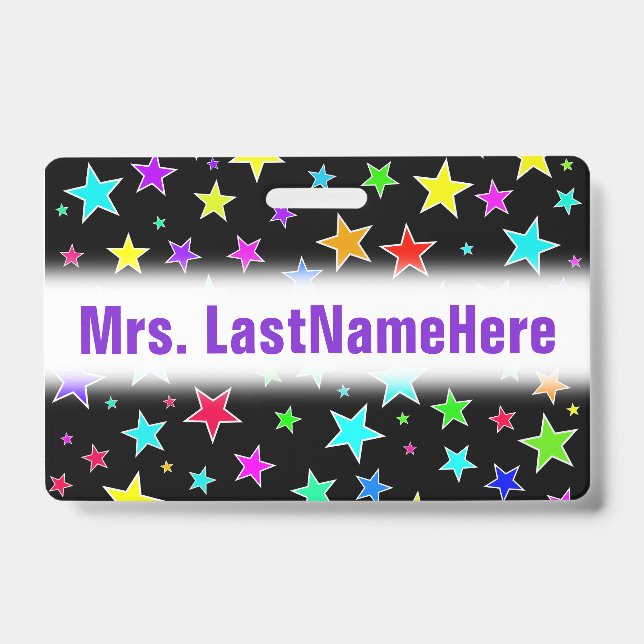 Fun, Colourful Stars Pattern + Custom Teacher Name Badge (Front)