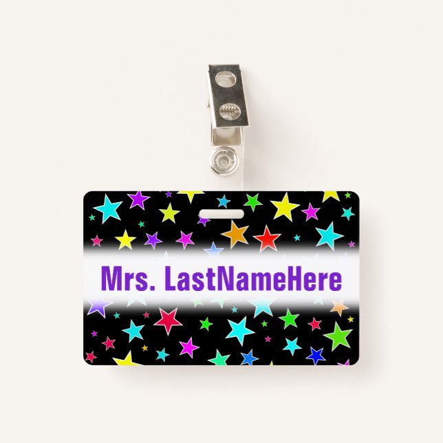 Fun, Colourful Stars Pattern + Custom Teacher Name Badge (Front with Clip)