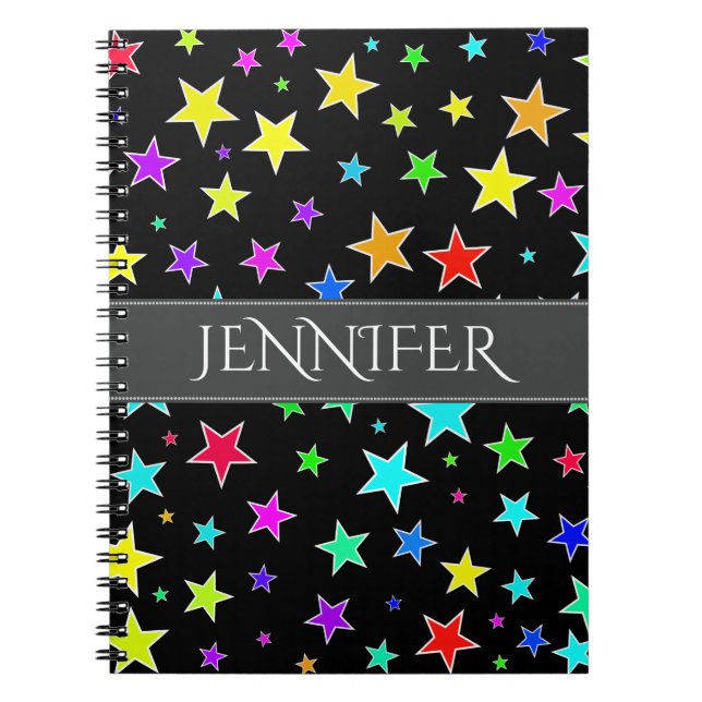 Fun, Colourful Stars Pattern + Personalized Name Notebook (Front)