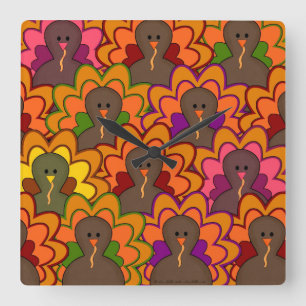 Fun Colourful Thanksgiving Turkeys Square Wall Clock