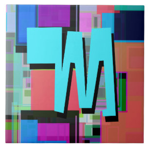 Fun Colourful Turquoise Blue Geometric Monogram Tile