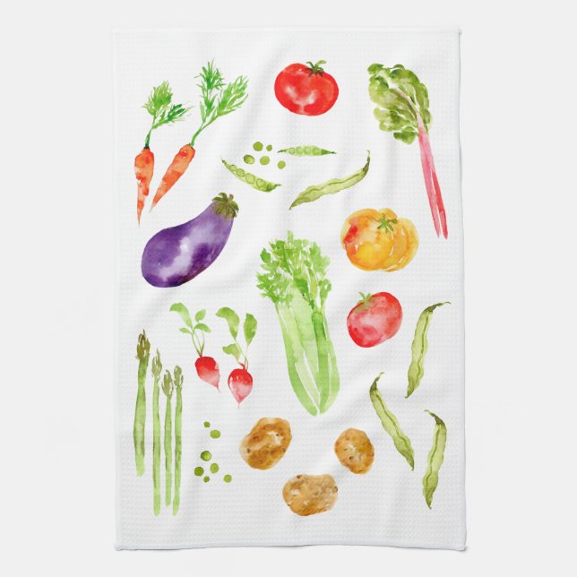Fun colourful vegetables watercolor kitchen towel (Vertical)