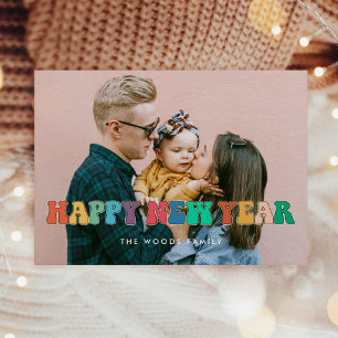 Fun colourful vintage script Happy New Year photo Holiday Card