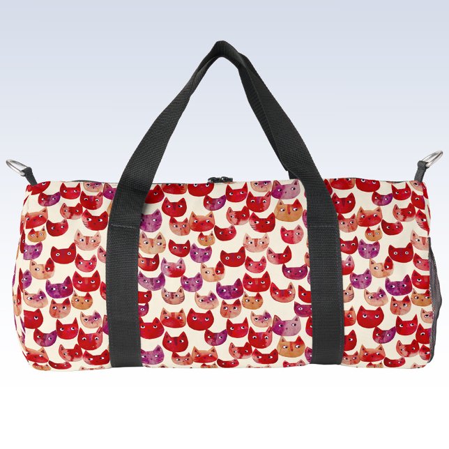 Fun Colourful Watercolor Cat Pattern Duffle Bag (Fun kitty cat watercolor pattern red duffel bag for animal lovers.)