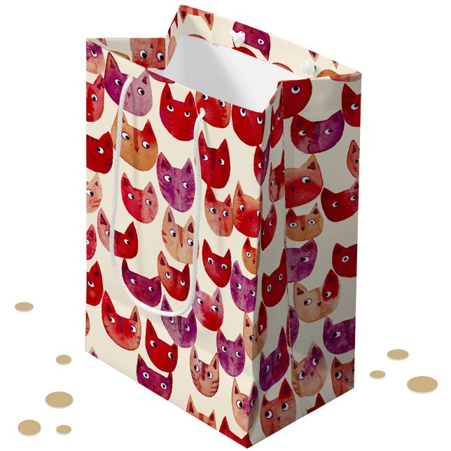 Fun Colourful Watercolor Cat Pattern Medium Gift Bag (Fun red, orange and purple colorful watercolor kitty cat pattern gift bag for animal lovers)