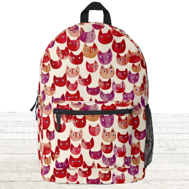 Fun Colourful Watercolor Cat Pattern Printed Backpack (Fun kitty cat pattern watercolor red orange purple backpack bag)