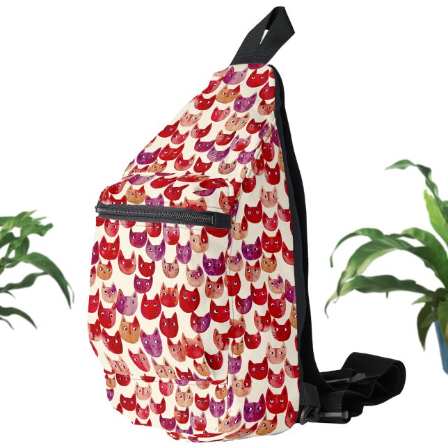 Fun Colourful Watercolor Cat Pattern Sling Bag (Fun watercolor kitty cat red pink purple orange pattern sling bag)