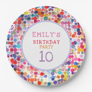 Fun Colourful Watercolor Paint Blots Kids Birthday Paper Plate