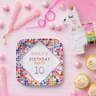 Fun Colourful Watercolor Paint Blots Kids Birthday Paper Plate