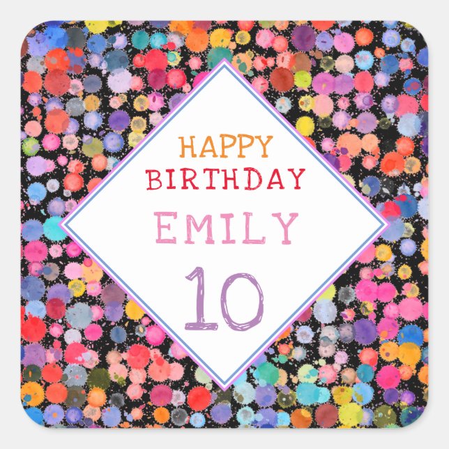Fun Colourful Watercolor Paint Blots Kids Birthday Square Sticker (Front)