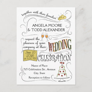 Fun, colourful wedding invitation design postcard
