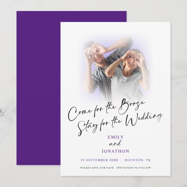 Fun Come For Booze Photo Purple Save The Date (Front/Back)