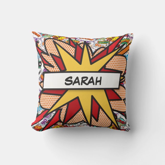 Fun Comic Book Personalized Name Colourful Throw Pillow (Front)